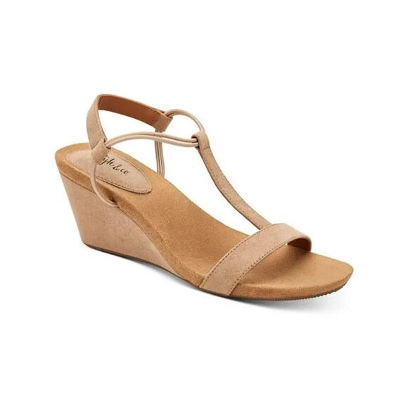 Style & Co Women's Mulan Wedge Open-Toe Sandals, Taupe Microsuede Size 6M - Picture 1 of 5